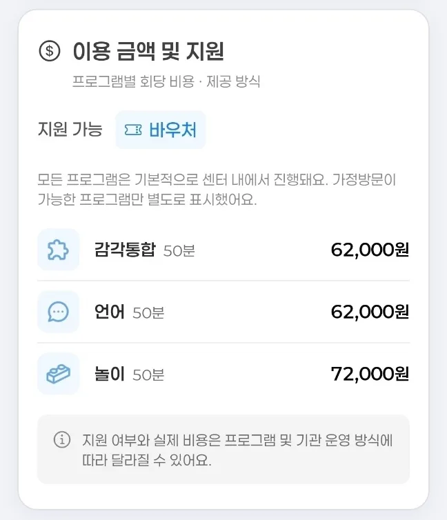 치료 프로그램별 이용금액과 바우처 지원 여부가 표시된 우아센 센터 정보 화면